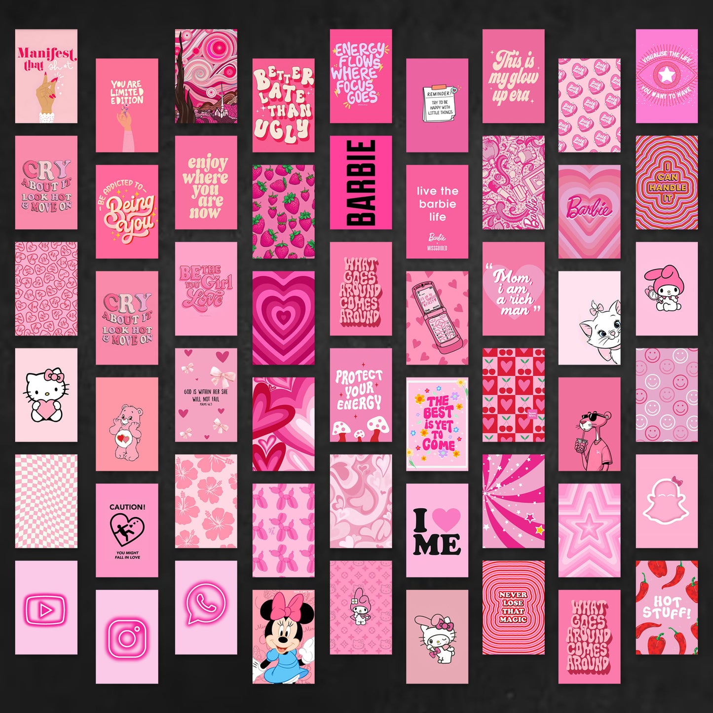 Aesthetic Pink Wall Poster Card Combo – Set of 54 (A6 Size) | Trendy & Minimal Wall Decor for Bedroom, Office, Cafe, Hostel
