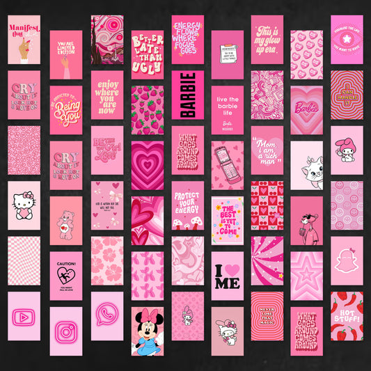 Aesthetic Pink Wall Poster Card Combo – Set of 54 (A6 Size) | Trendy & Minimal Wall Decor for Bedroom, Office, Cafe, Hostel